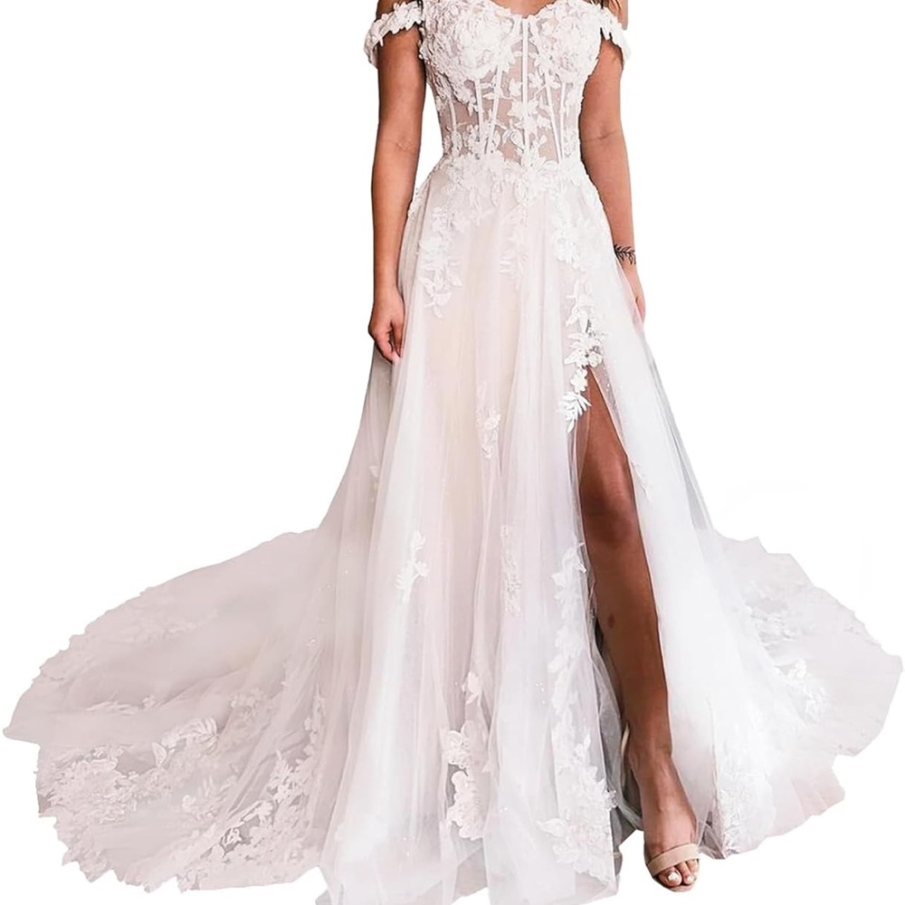 Elegant Ivory and Lace Off-Shoulder Wedding Dress